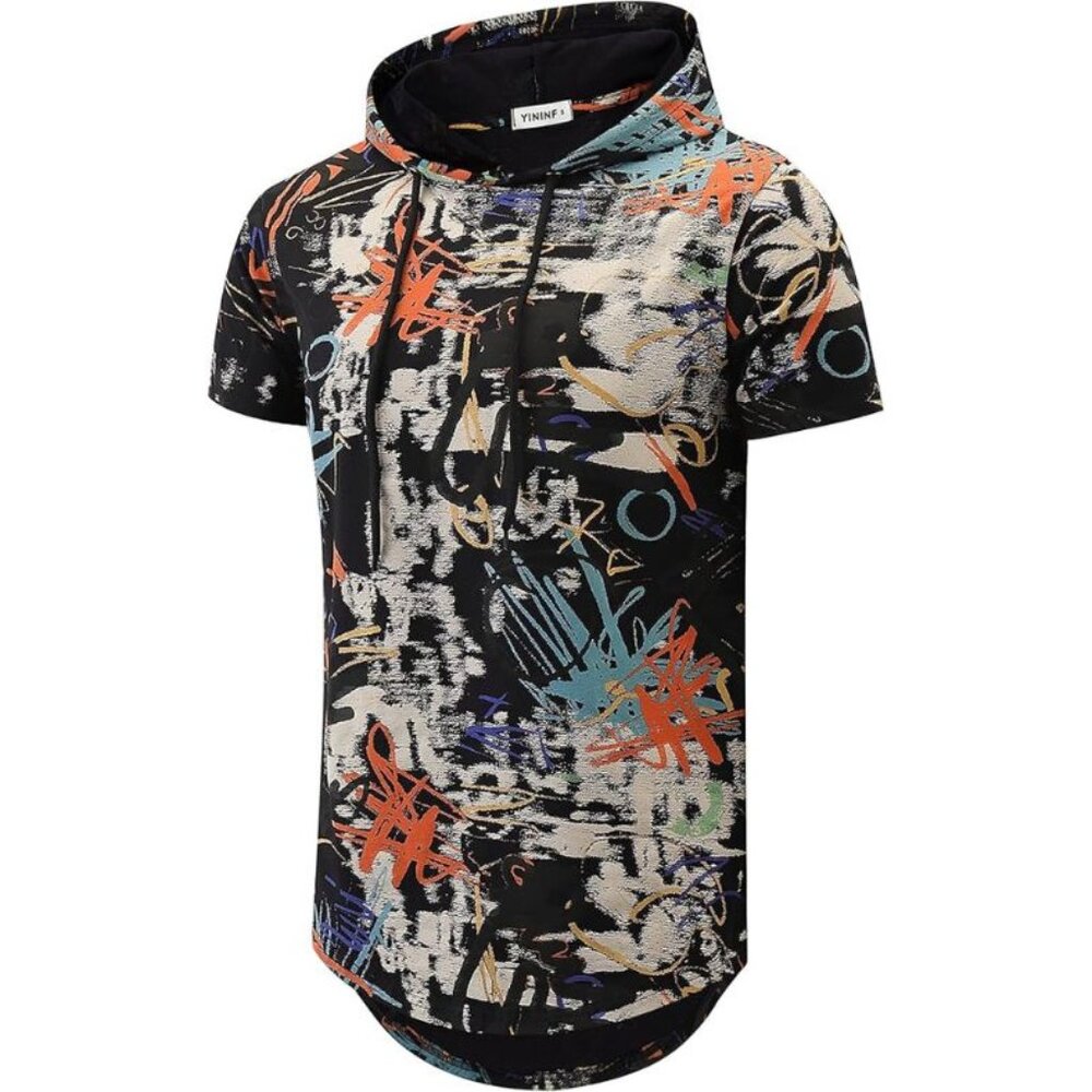 Men's Hipster Hip Hop Pullover Graphic Short Sleeve Hooded Shirt